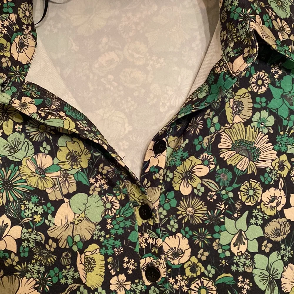 ZARA Floral Print Mini Shirt Dress S Green White Long Sleeve V-Neck Retro - Picture 10 of 12